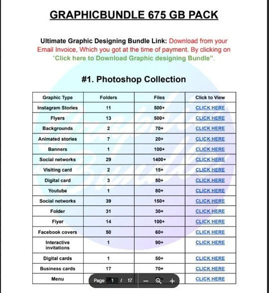 GraphicBundle 675 GB pack Photoshop collection table listing graphic types, folders, file counts, and clickable links for Instagram stories, flyers, backgrounds, animated stories, banners, social networks, and more.