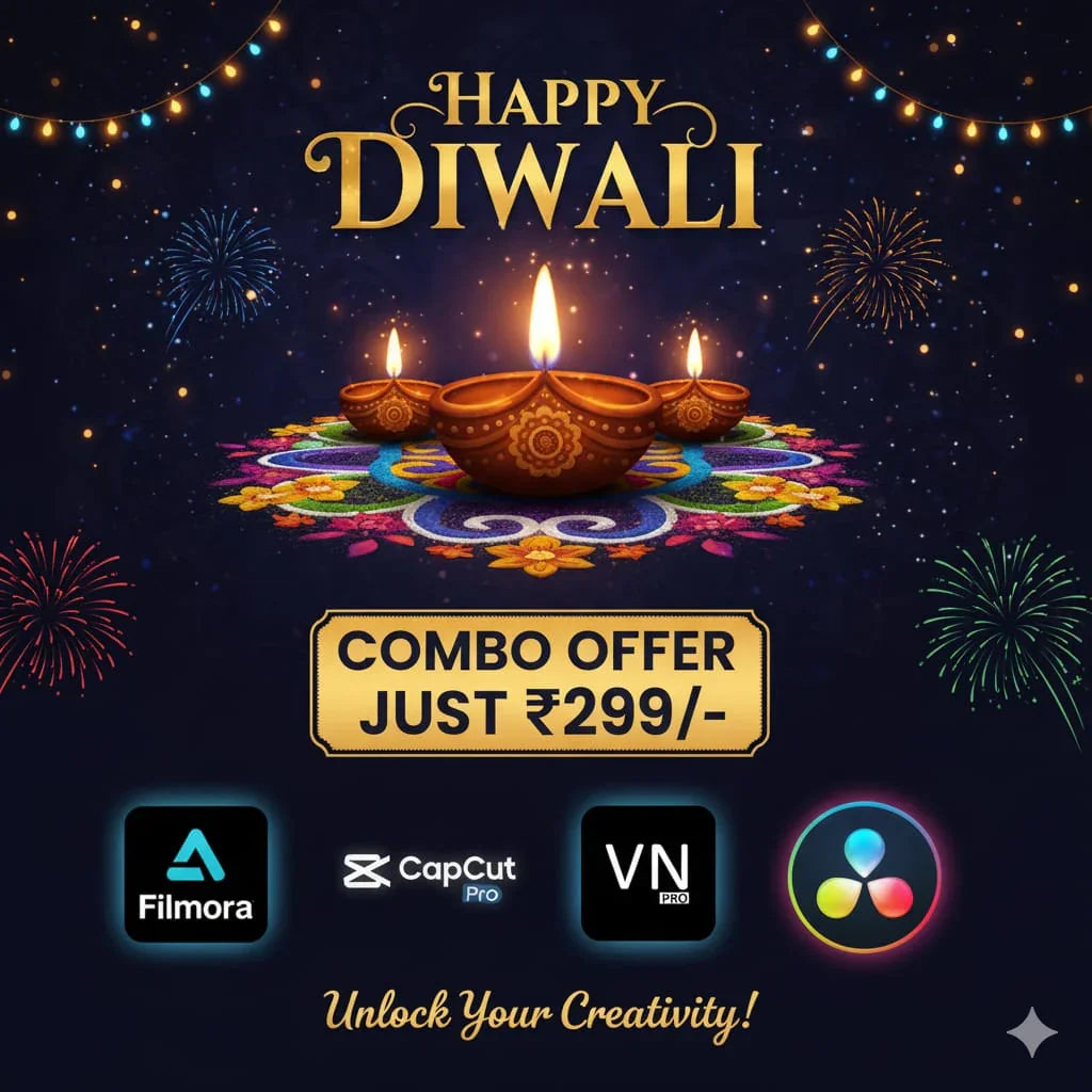Happy Diwali combo offer banner with lit diyas, rangoli, fireworks, and video editing app icons.