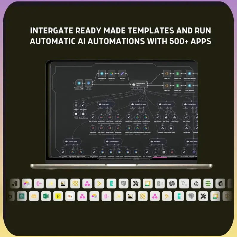 Laptop displaying AI automation workflow with 500+ app icons and flowchart diagram