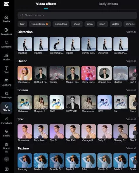 CapCut video effects panel with distortion, decor, screen, star, and texture filter options.