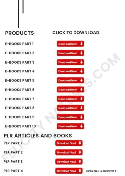E-books and PLR articles download page with product list and red download buttons