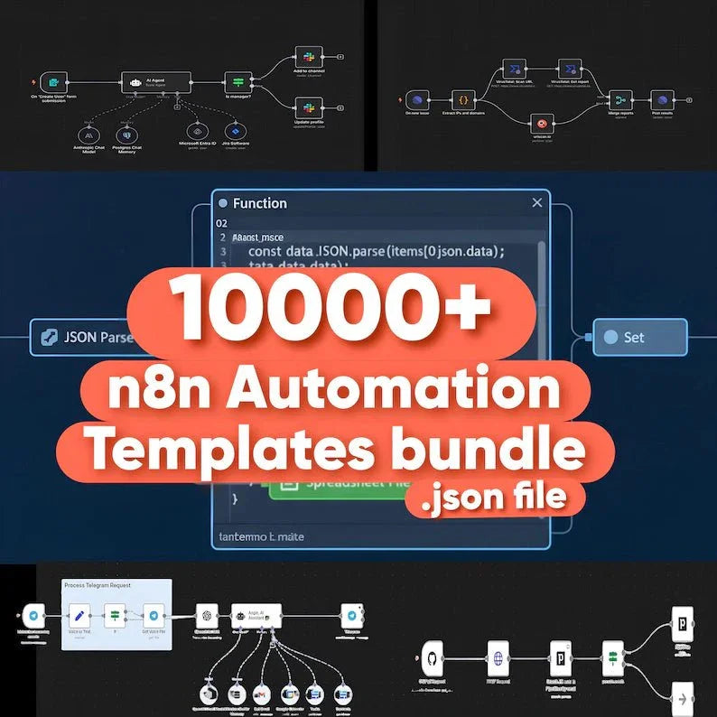 10000+ n8n automation templates bundle promo with workflow diagrams and JSON file text.