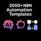 2000+ N8N automation templates with AI, workflow, and process icons on black background.