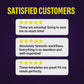 Satisfied customers graphic with three 5-star reviews on templates and workflows on dark background.