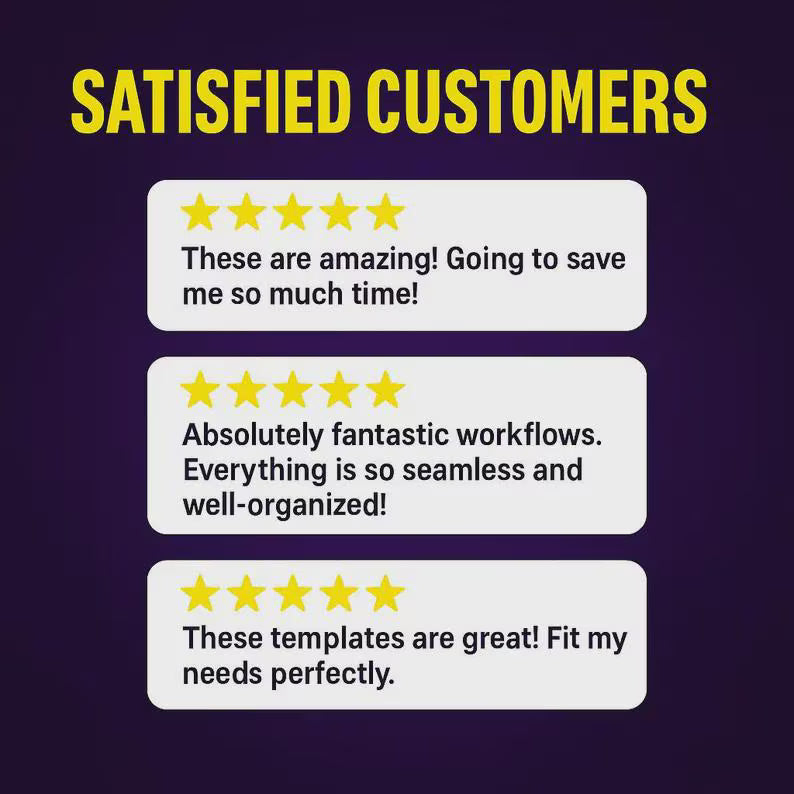 Satisfied customers graphic with three 5-star reviews on templates and workflows on dark background.