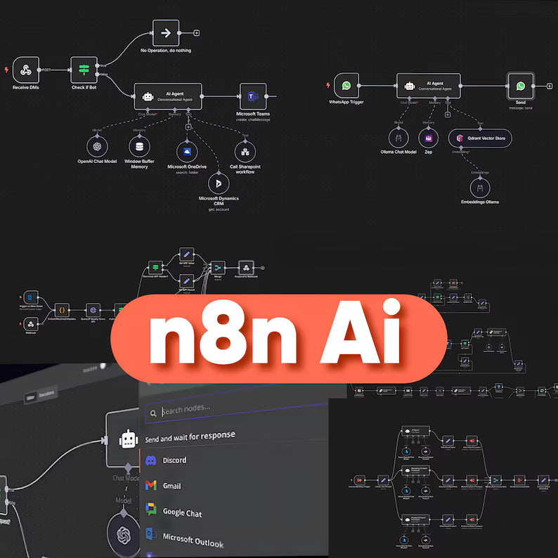 n8n AI workflow automation interface with chatbot and integration nodes on dark background