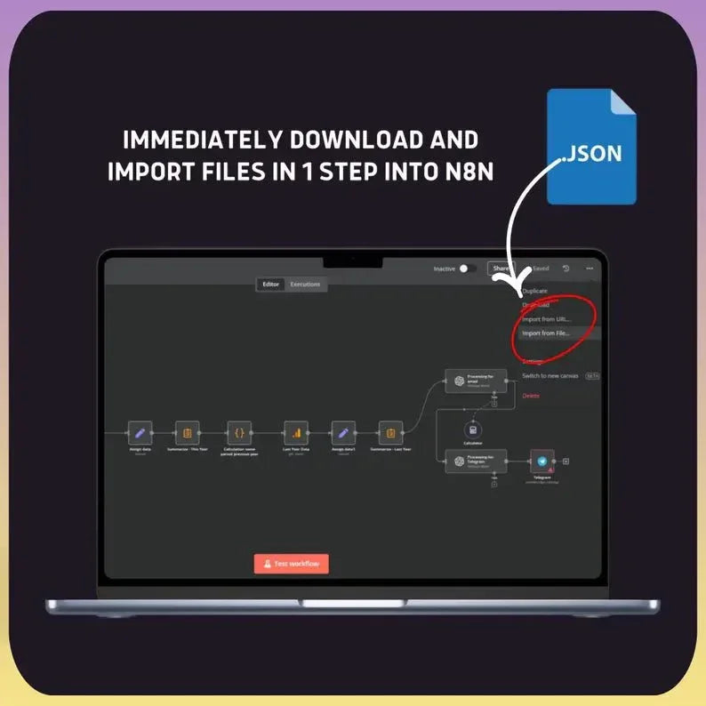 Laptop showing n8n workflow import with JSON file, text promoting file download feature