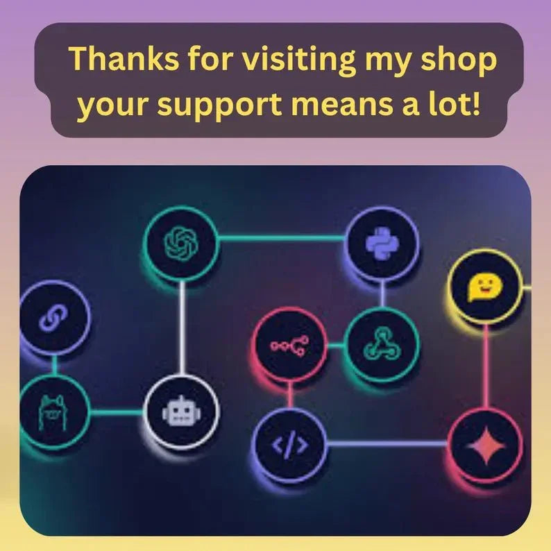 Thanks for visiting my shop message with colorful AI and coding icons on dark background