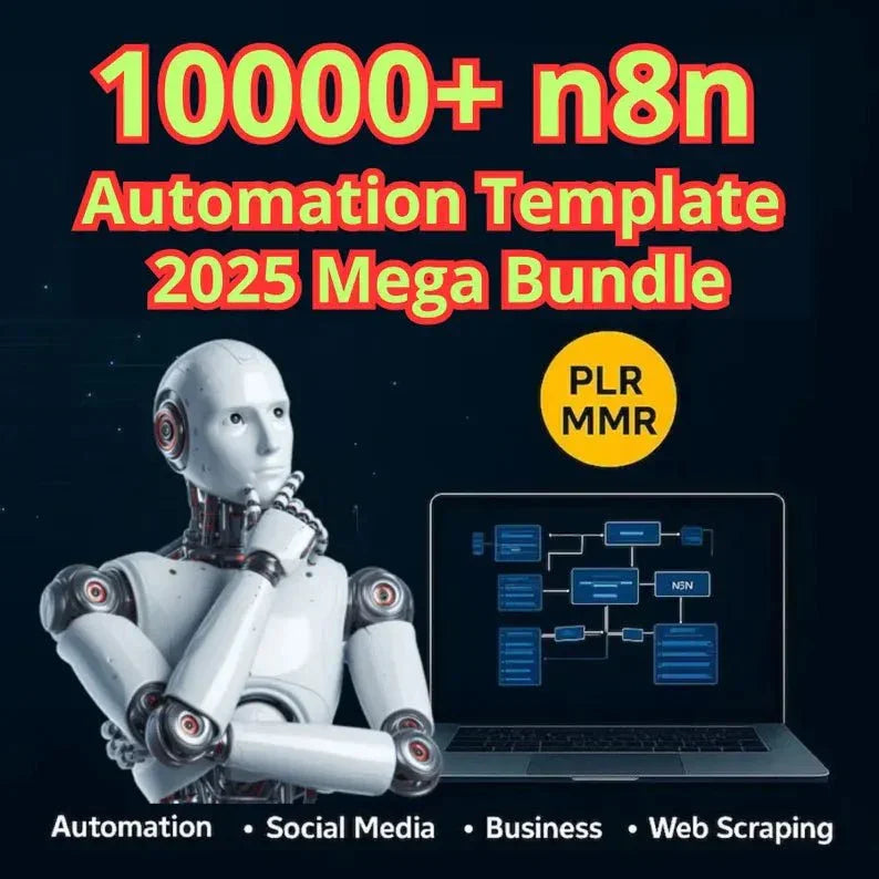 n8n automation template 2025 mega bundle ad with robot, laptop, and workflow chart