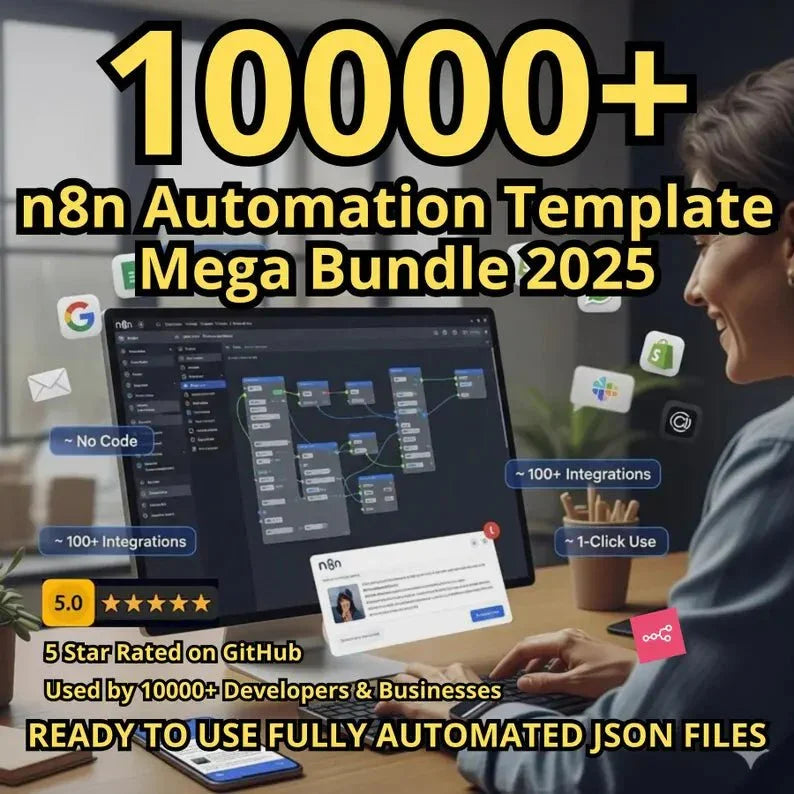 Person using computer displaying n8n automation workflow, promoting 10000+ n8n template bundle 2025.