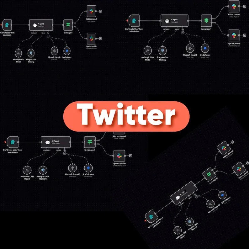 Twitter workflow diagram with AI agent integrations, Slack icons, and automation steps on black background.